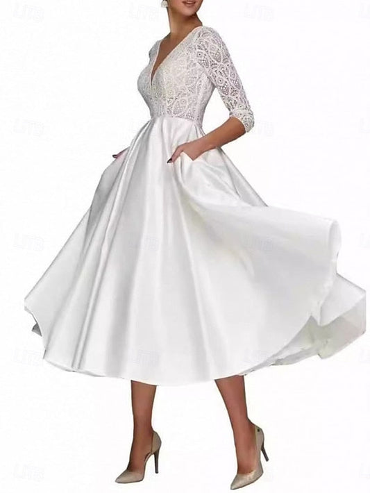 Neck Bride Mother Elegant V the Dress A-Line Tea Simple of FashionChic