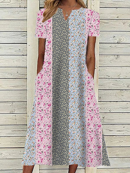 Women's Pink Dress Floral Graphic Print V Neck Midi Dress