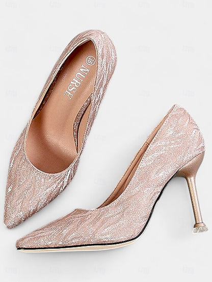 Pointed Toe Champagne Heels Women's Stiletto Glitter with FashionChic