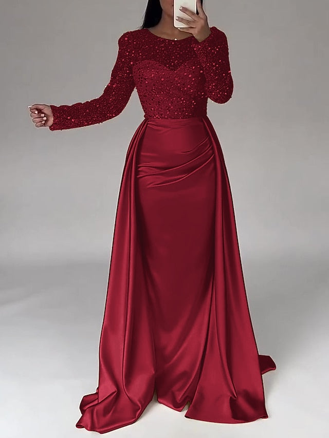 RuchedSatin Dress Sleeves Mermaid Gown Evening Sequin Long FashionChic