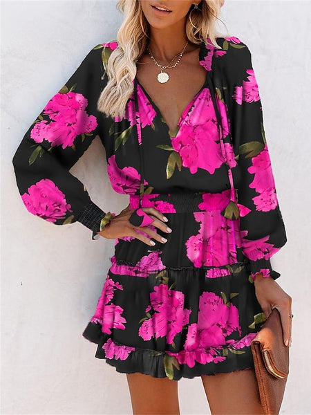 Women's Floral Leopard Ruched Ruffle V Neck Mini Dress