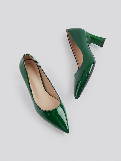 Pointed-Toe Glossy Patent Leather Heel Green Pumps Faux Block FashionChic