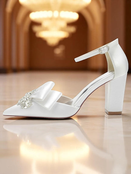 Block Crystal Pumps Bow Satin with Heel and Women's FashionChic