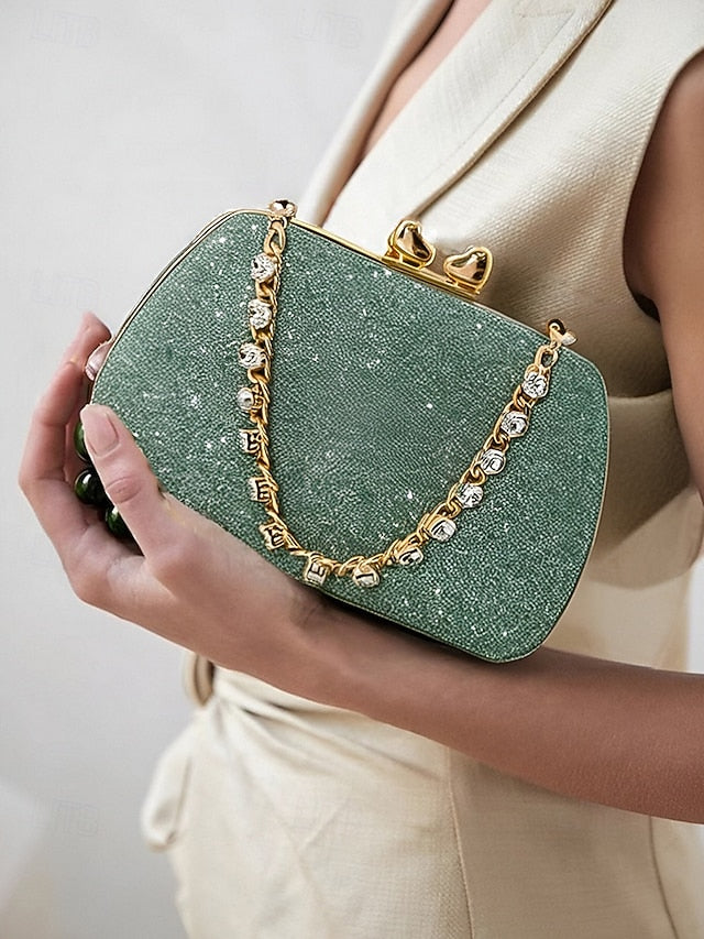 Glitter Sage Clutch Women's with Evening Green Rhinestone FashionChic