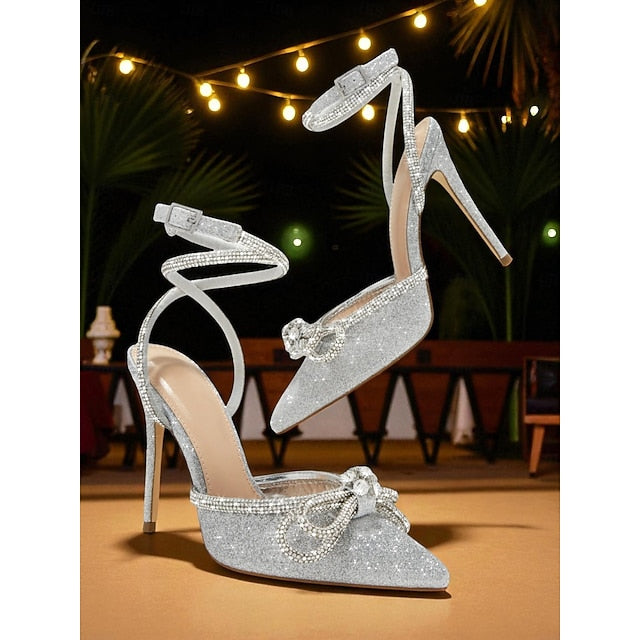 and Heels Black Stiletto Women's Bow with Rhinestone Satin FashionChic