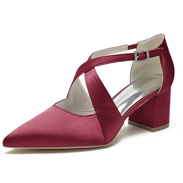Heels White Pointed Satin Toe Block Women's – Elegant FashionChic