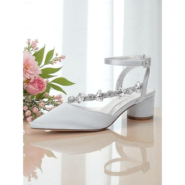 Purple Heel Pumps Women's Satin Block with Rhinestone FashionChic