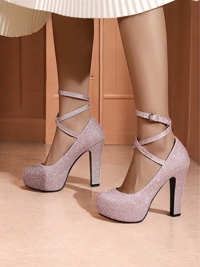Ankle Glitter Heels Platform – Pink Women's with Strap FashionChic