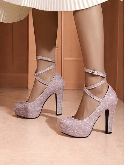 Ankle Glitter Heels Platform – Pink Women's with Strap FashionChic