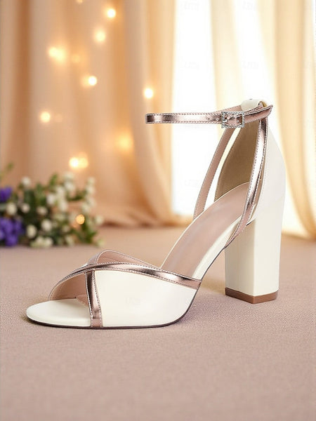 Metallic Sandals with Women's Ankle Heel White Strap Block FashionChic