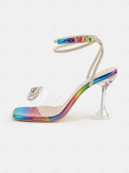 Rainbow Heels Colorful Detail - Heel with Bow Clear High Crystal FashionChic
