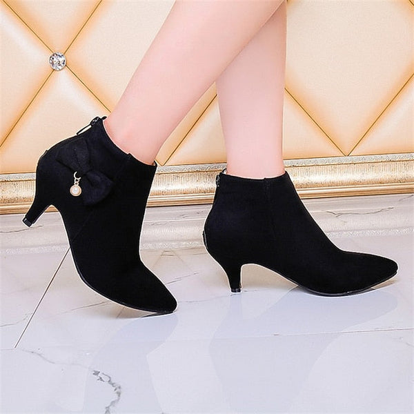 Pink Boots Women's Bow Pearl Charm Suede with and Ankle FashionChic