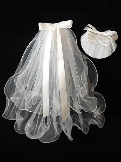 and Soft - Bridal Satin Tulle Ivory Ribbon with Veil Elegant FashionChic