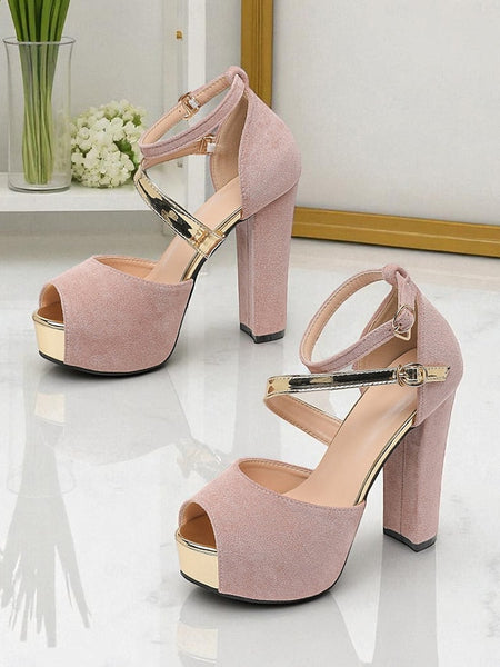 Toe Heel Suede Red Block Sandals Peep Women's Platform - FashionChic
