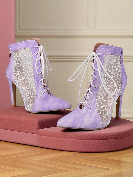 Women's Mesh Booties Ankle Lace Stiletto White Heels with FashionChic