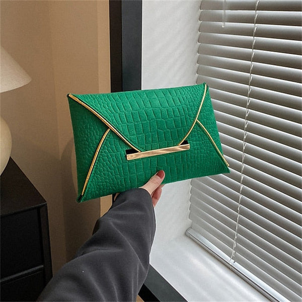 Metal Yellow Envelope Handle Women’s Clutch with Croc-Embossed FashionChic
