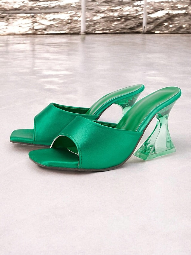 Open-Toe Block Mules with Transparent Satin Green for Heels FashionChic