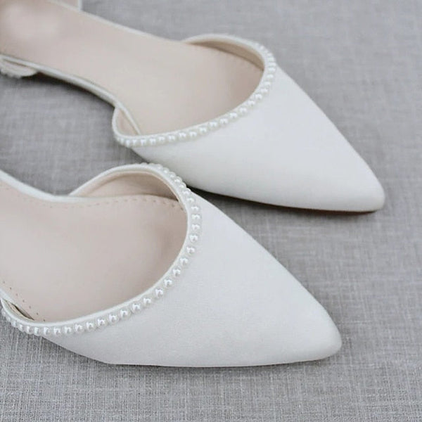 Women's White Pearl-Embellished Shoes with Flat Toe Pointed FashionChic