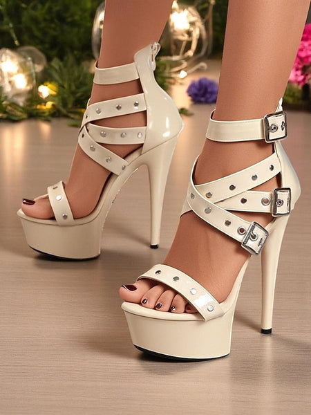Women's with Platform Straps High White Heels Buckled and FashionChic