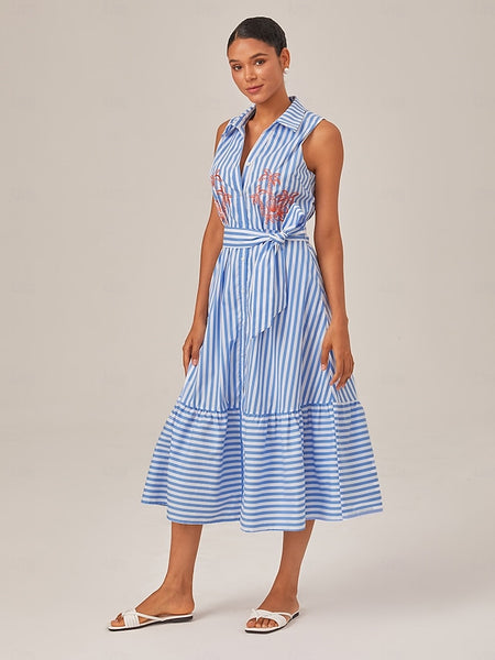 Summer Striped Embroidered Sleeveless Mid-length Dress