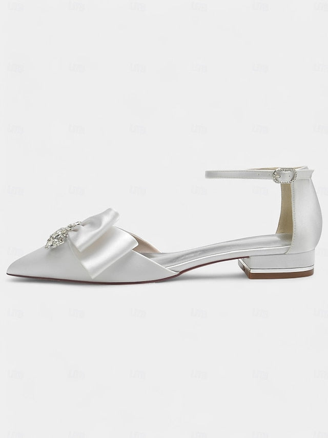 Bow with Pointed-Toe and Satin Rhinestone Ankle White Heels FashionChic