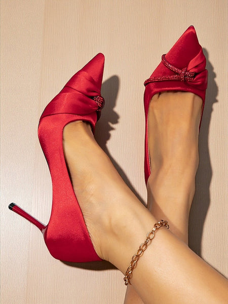 Women's Stiletto Pointed with Satin Toe Heels Red FashionChic