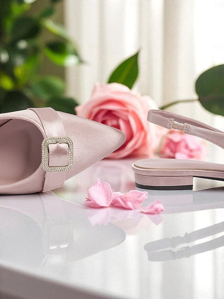 Women's Buckle Rhinestone Pink Slingback with Satin Flats FashionChic