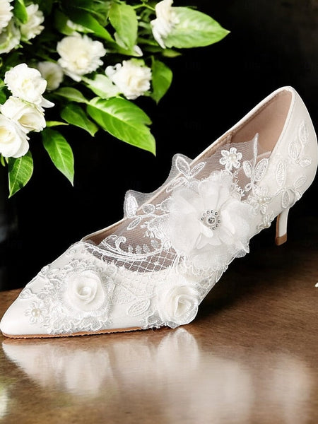 Lace White Wedding Shoes Embellishments Floral with FashionChic