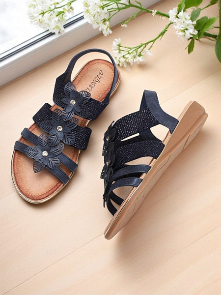 Sandals Women's Rhinestone Floral – Flat Elegant Beige FashionChic