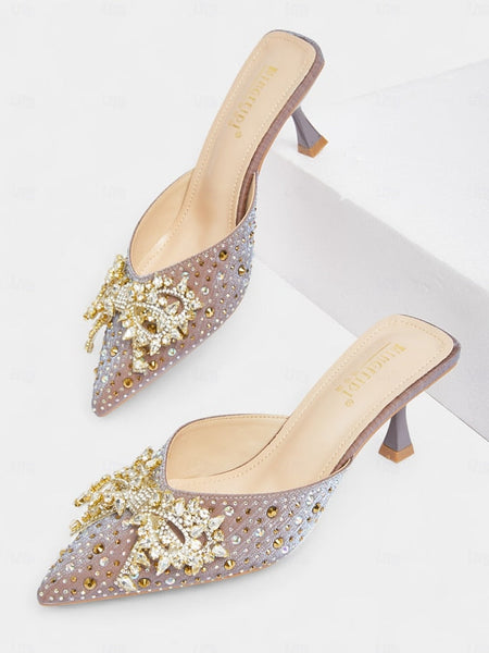 Slip-On Toe Glitter Pointed Rhinestone Mules - Women's FashionChic