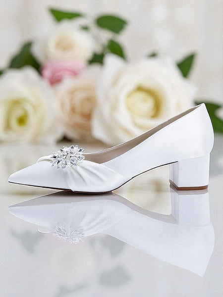 Block Heel Low Crystal Pumps Women's with White FashionChic