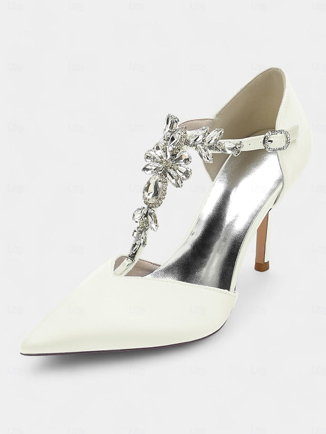 Heels Satin Blue Navy Toe – Pointed Women's T-Strap FashionChic