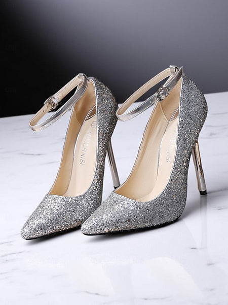 Women's Sparkly – Gold Heels Pointed Toe Stiletto Glitter FashionChic