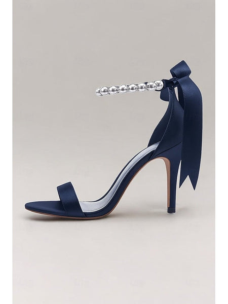 High – Ankle Satin Navy Pearl Heel Sandals Women's Strap FashionChic