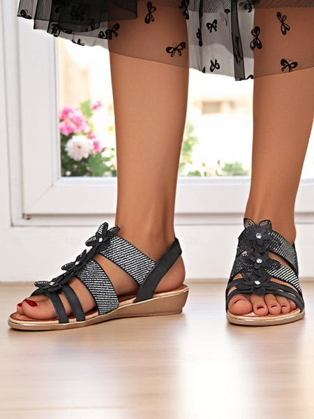 Sandals Women's Rhinestone Floral – Flat Elegant Beige FashionChic