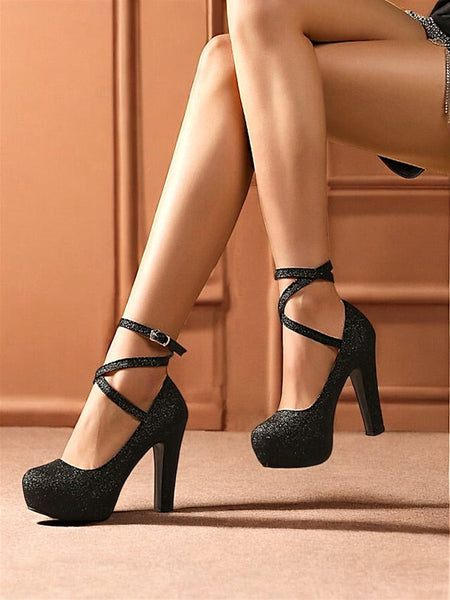 Ankle Glitter Heels Platform – Pink Women's with Strap FashionChic