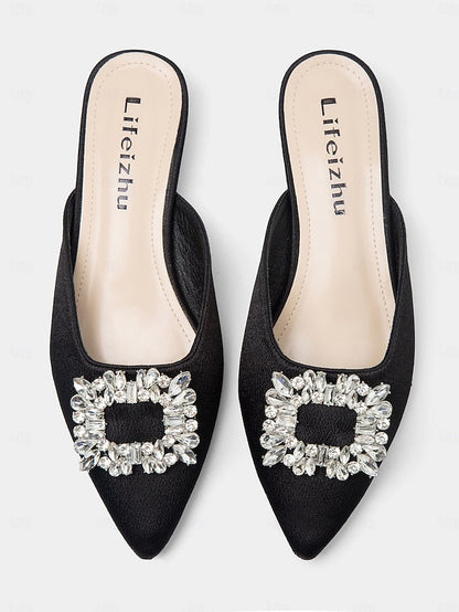 Women's Rhinestone Mules with Pointed-Toe Black Satin FashionChic