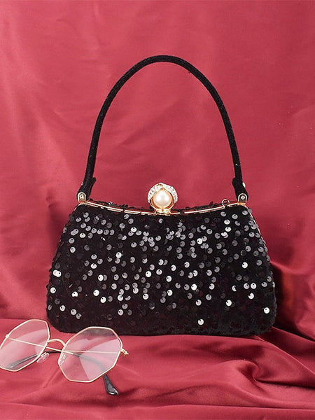 – Women's Evening Pearl Accent Sequin Black Clutch with FashionChic
