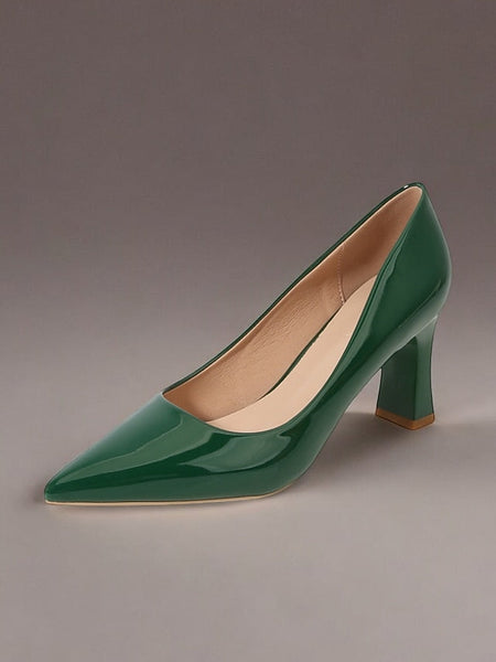 Pointed-Toe Glossy Patent Leather Heel Green Pumps Faux Block FashionChic