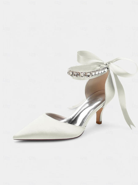 and Strap Blue Satin with Rhinestone Pointed-Kitten Ankle Heels FashionChic