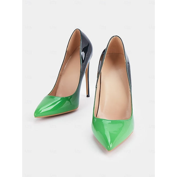 Pointed Leather Toe Pumps Women's Black Patent Green FashionChic