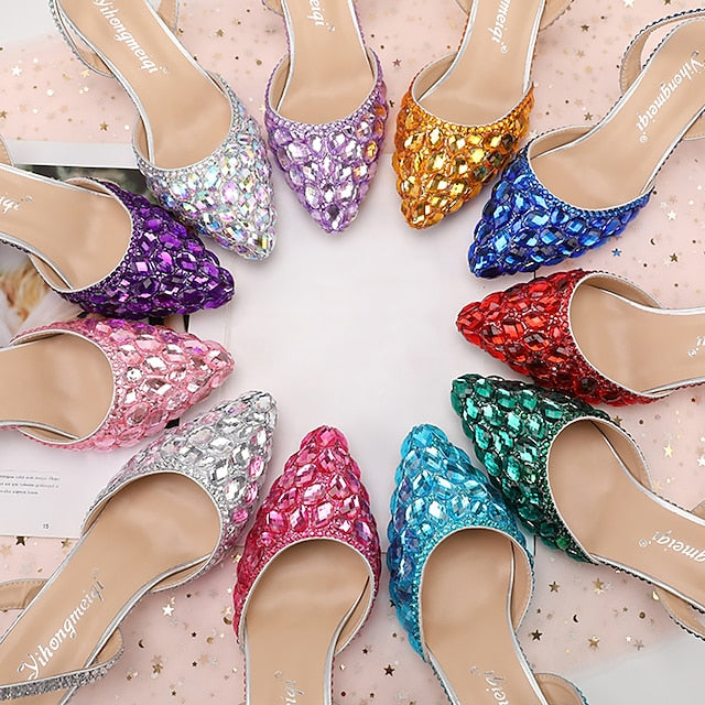 Heels Slingback Women's High Crystal Pointed-Toe Rhinestone FashionChic