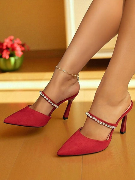 - Rhinestone Strap with Women's Stiletto Elegant Heels Red FashionChic