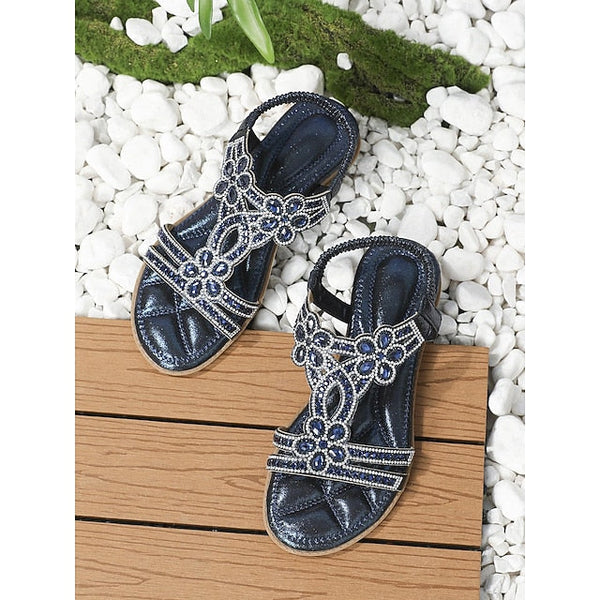 T-Strap Sandals Women's Silver Boho Rhinestone Flat – FashionChic