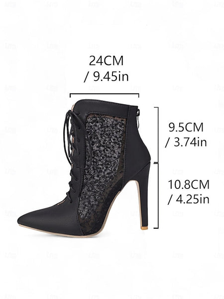 Women's Mesh Booties Ankle Lace Stiletto White Heels with FashionChic