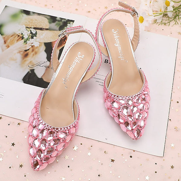 Rhinestone Slingback Heels Women's Crystal High Pointed-Toe FashionChic