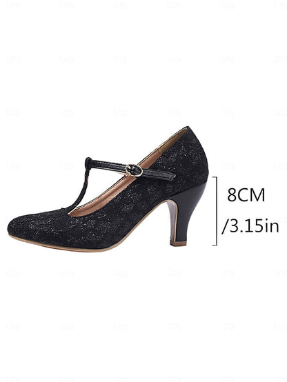 Ivory Pumps-1920s Women's Vintage Mid Lace Heel T-Strap FashionChic