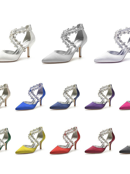 Heels Elegant Women's Satin White Crystal – Strap Pointed FashionChic