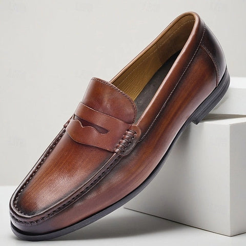 Leather Shoes Brown Loafers Slip-On Penny with Men's FashionChic