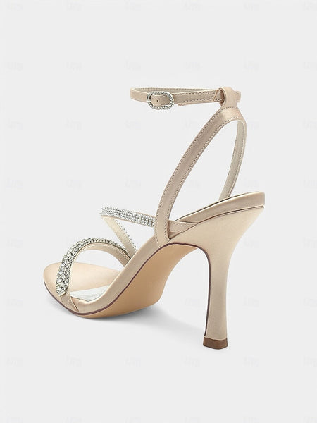 – Sophisticated Heels Strappy Champagne Satin Rhinestone FashionChic